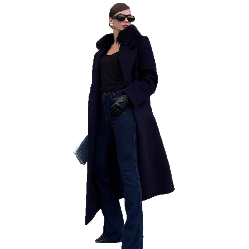 Damen langer Wollmix-Mantel mit großzügigem Kunstpelz‑Schalkragen und Oversize‑Schnitt Drune