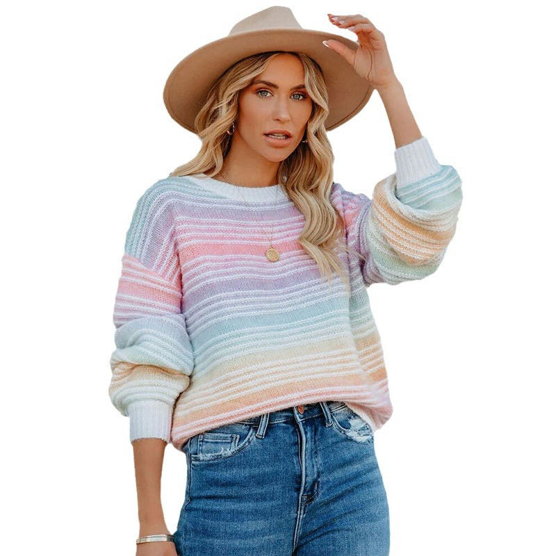Damen lässiger Pullover mit buntem Streifenmuster und voluminösen Ärmeln Drune