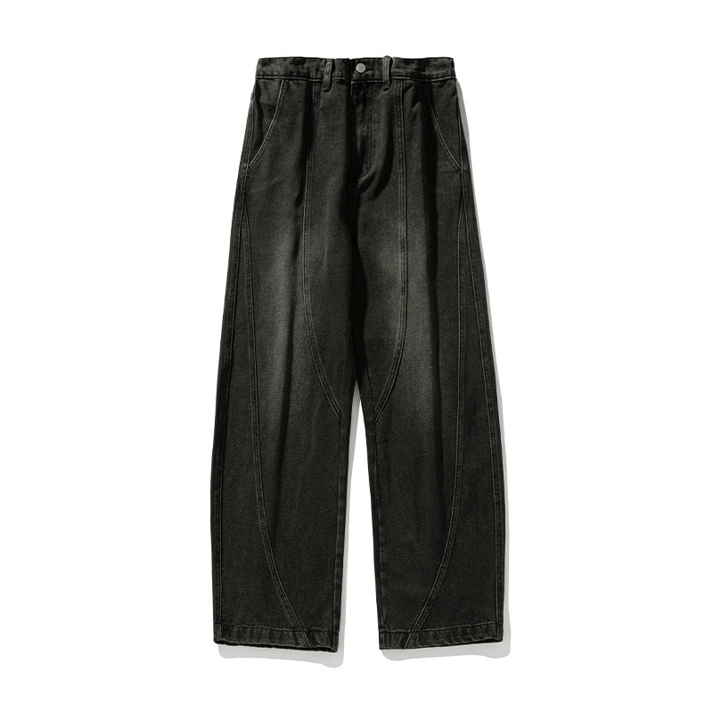 Unisex Weit geschnittene Denim-Hose mit geschwungenen Ziernähten und hoher Taille Drune