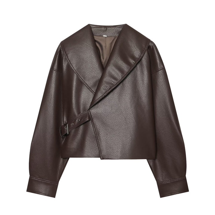 Damen Cropped Lederoptik-Blouson mit übergroßem Schalkragen und asymmetrischem Taillengürtel Drune