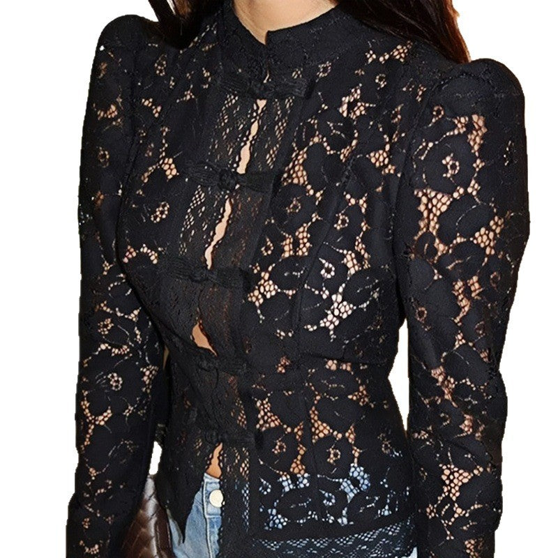 Damen Spitzen-Bluse mit feinen Rüschendetails und transparenten Ärmeln Drune