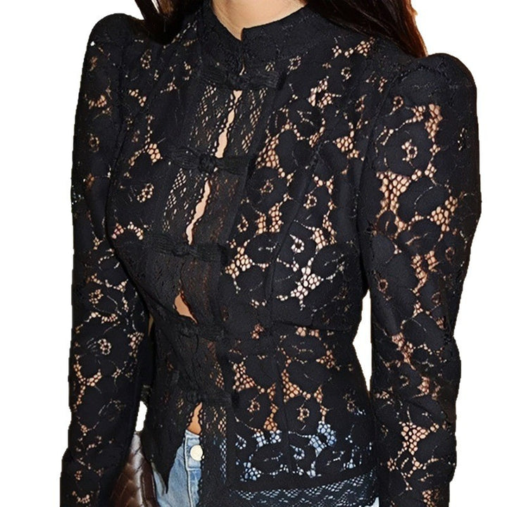 Damen Spitzen-Bluse mit feinen Rüschendetails und transparenten Ärmeln Drune