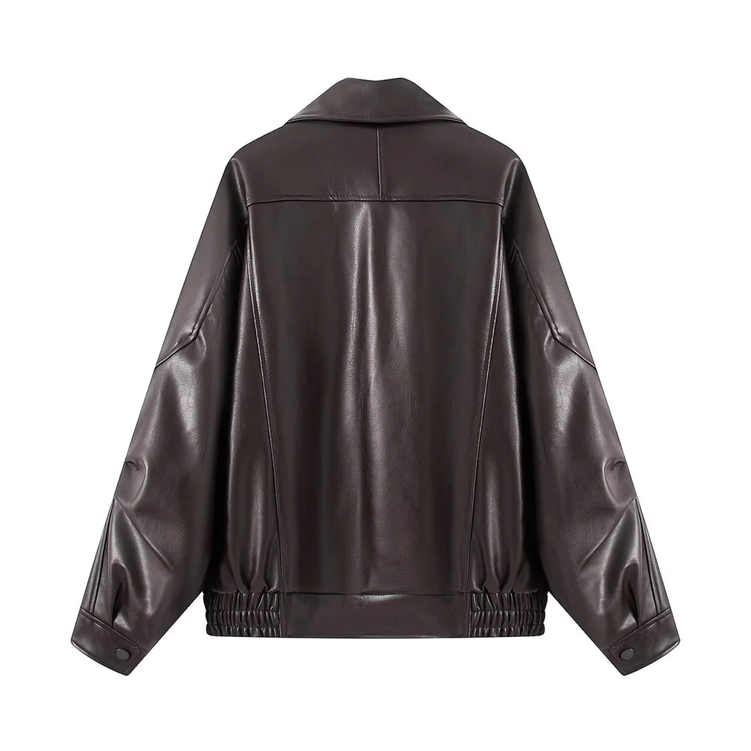 Damen nan oversized Kunstlederblouson mit großem Schalkragen, Pattentaschen und elastischem Bund Drune