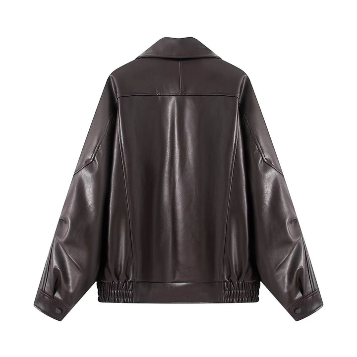 Damen nan oversized Kunstlederblouson mit großem Schalkragen, Pattentaschen und elastischem Bund Drune