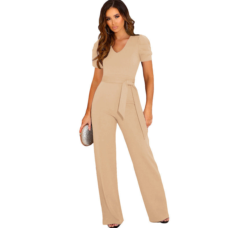Damen Eleganter Jumpsuit mit Taillengürtel und Puffärmel Drune