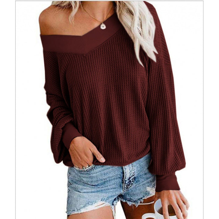Damen Lockerer Waffelstrick-Pullover mit weitem Off-Shoulder-Ausschnitt und Oversize-Schnitt Drune