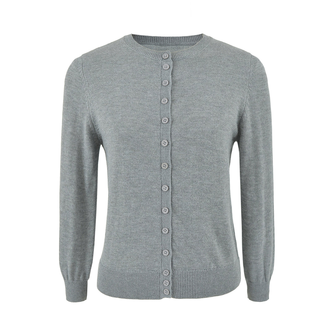 Damen Fein gestrickte Rundhals-Strickjacke mit Knopfleiste und Rippbündchen Drune