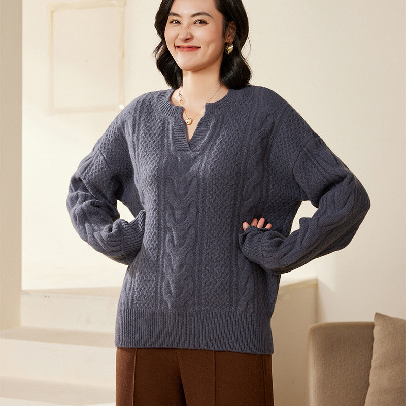 Damen Oversize Zopfstrick-Pullover mit V‑Einsatz und kaschmirähnlicher Weichheit Drune