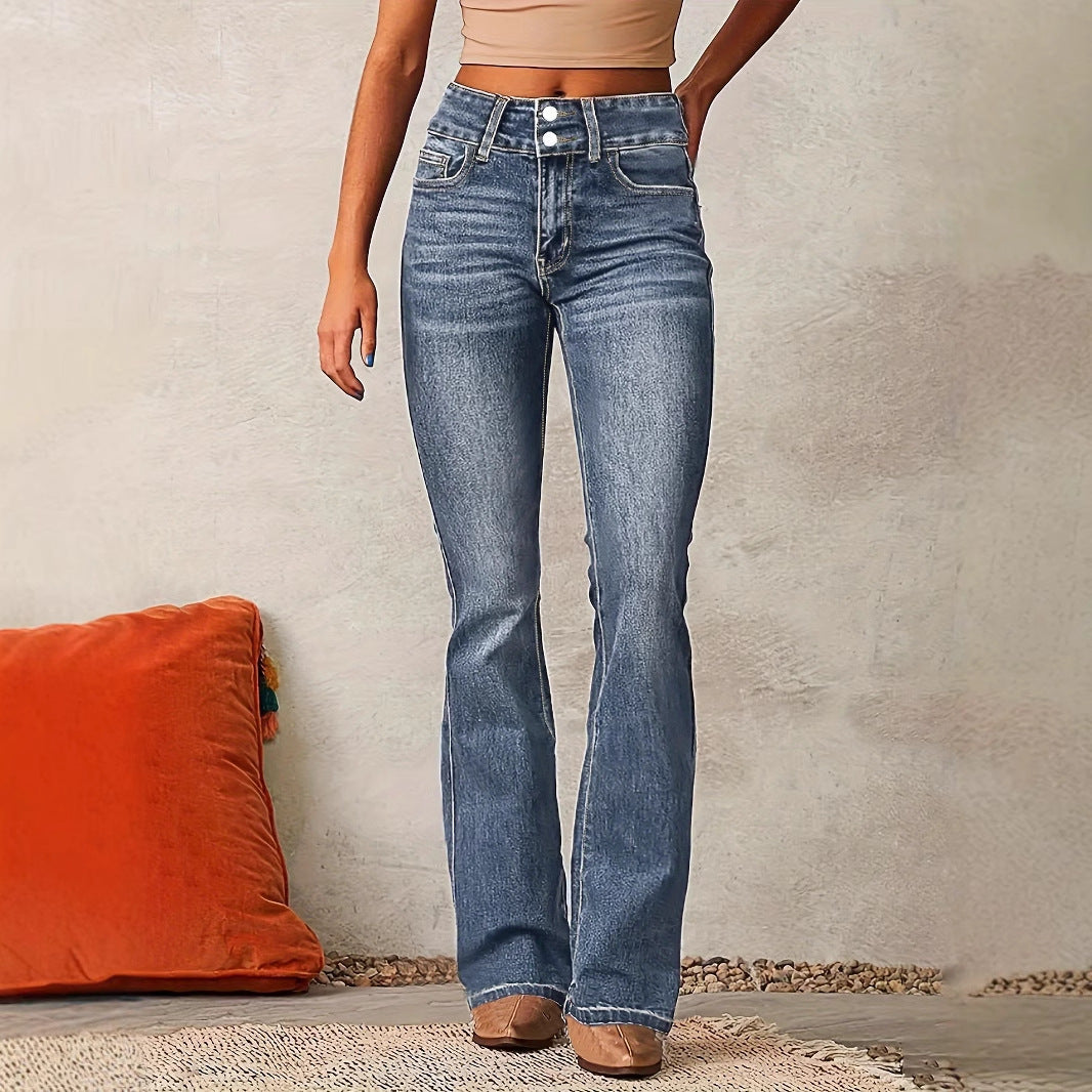 Damen Hohe Taille Flared Jeans mit dekorativen Knopfdetails und figurschmeichelndem Schnitt Drune