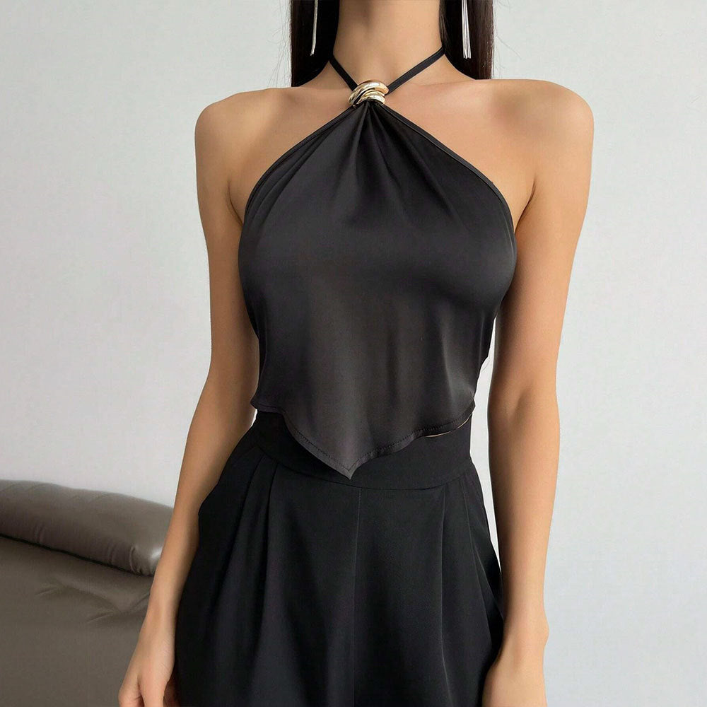 Damen elegantes Haltertop mit glänzendem Stoff und dekorativem Knoten Drune