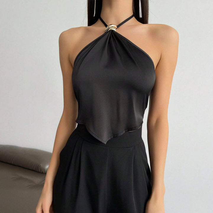 Damen elegantes Haltertop mit glänzendem Stoff und dekorativem Knoten Drune