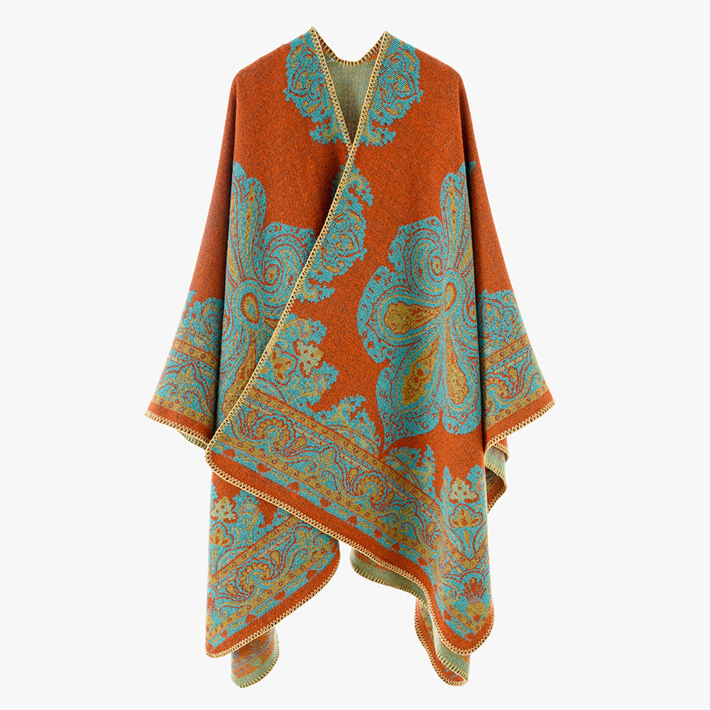 Damen Jacquard Überwurfcape aus feinem Strick mit Paisley-Bordüre Drune