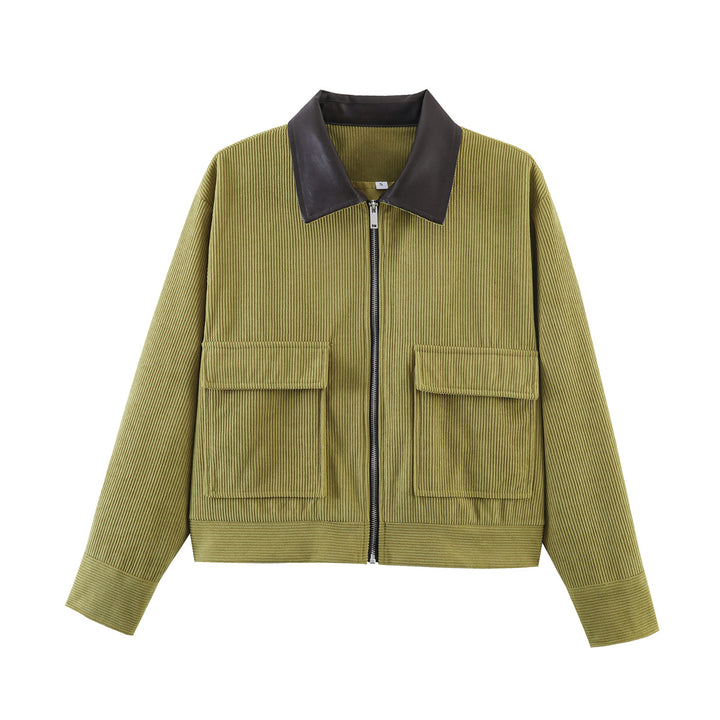 Damen Cordjacke mit Reißverschluss, Kunstlederkragen und aufgesetzten Taschen Drune