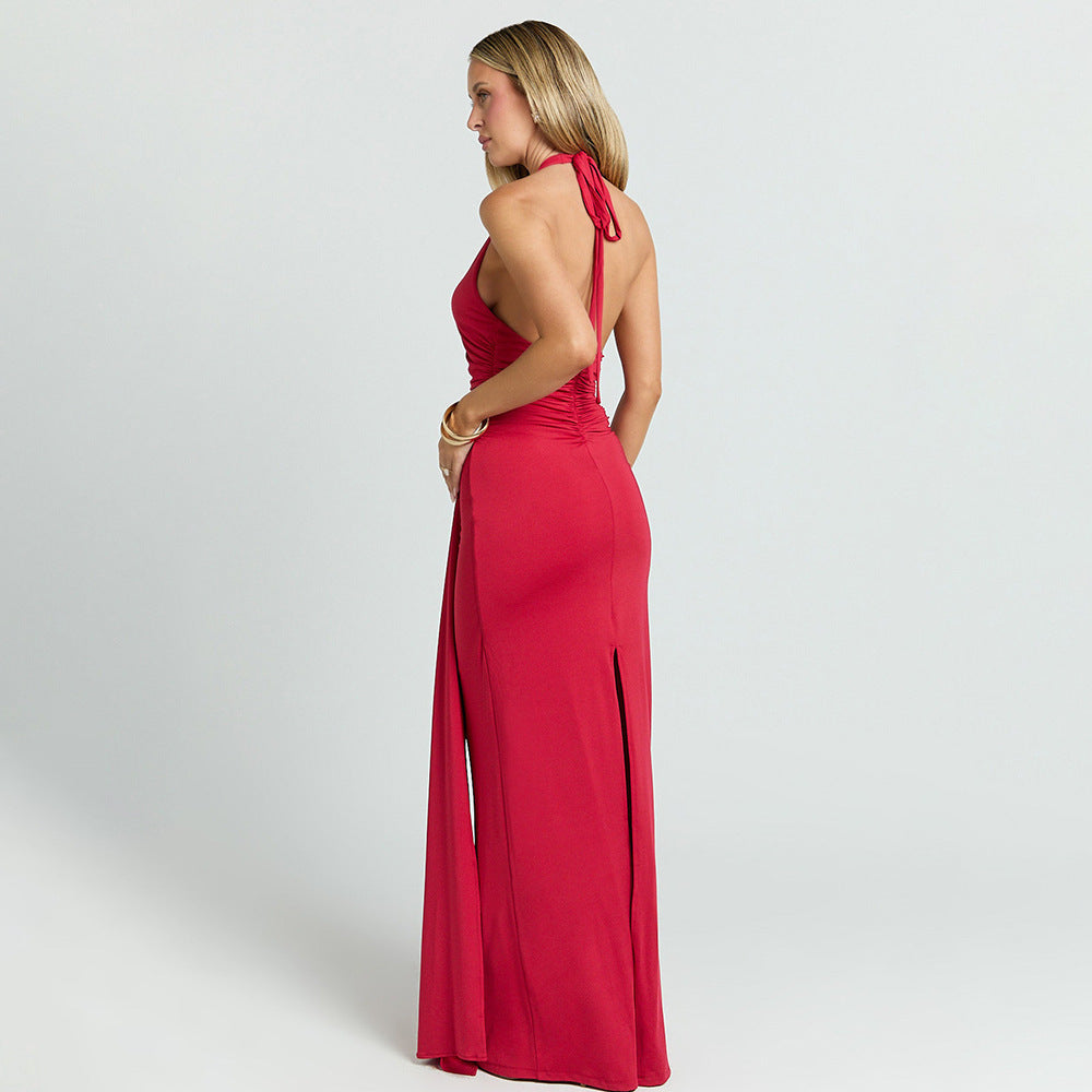 Damen Maxikleid mit tiefem Ausschnitt und Raffungen Drune