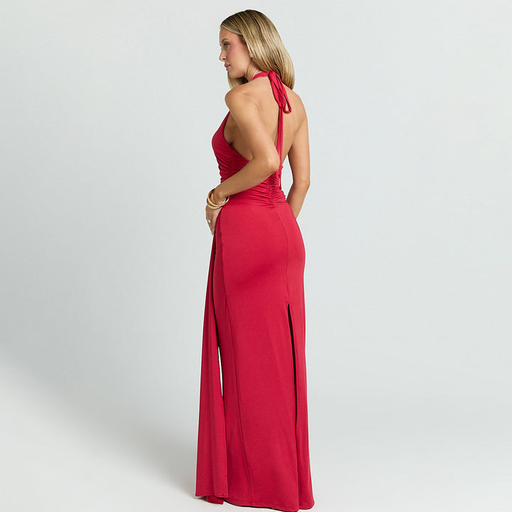Damen Maxikleid mit tiefem Ausschnitt und Raffungen Drune