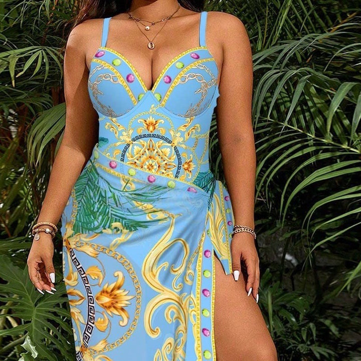 Damen Elegantes Sommerkleid mit hohem Schlitz und verspieltem Kordelzug Drune