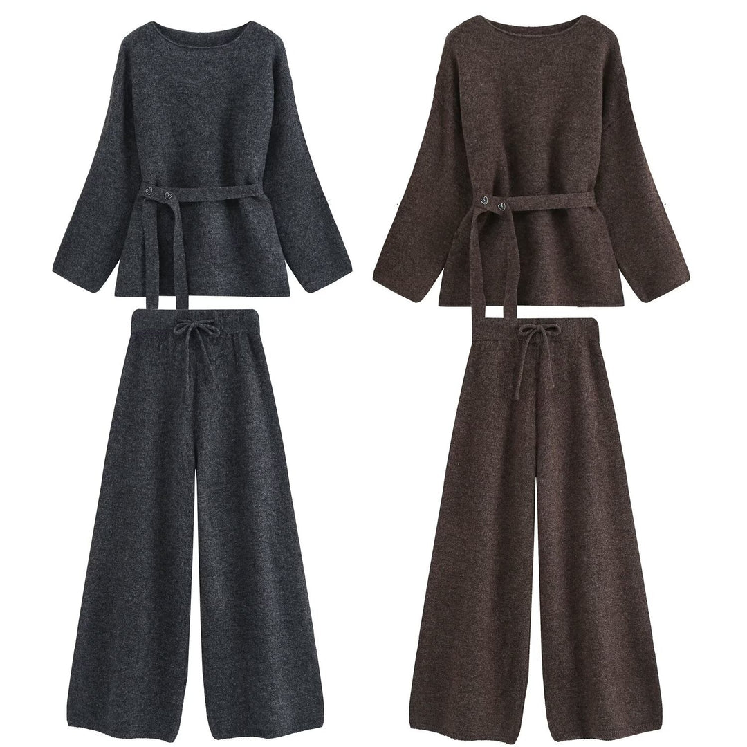 Damen Zweiteiliges Strick-Lounge-Set mit Taillengürtel und weiter Palazzo-Hose Drune