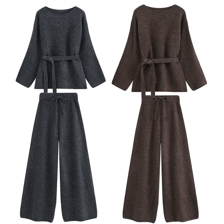 Damen Zweiteiliges Strick-Lounge-Set mit Taillengürtel und weiter Palazzo-Hose Drune