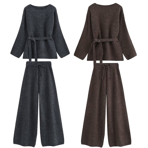 Damen Zweiteiliges Strick-Lounge-Set mit Taillengürtel und weiter Palazzo-Hose Drune