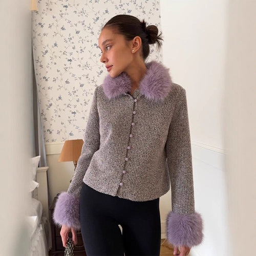 Damen Bouclé‑Jacke mit abnehmbarem Webpelzkragen und Fellmanschetten Drune