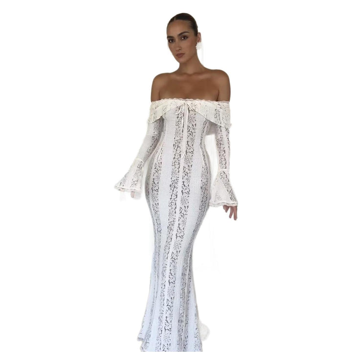 Damen Spitzen-Maxikleid mit tiefem Herz-Ausschnitt und langem Arm Drune