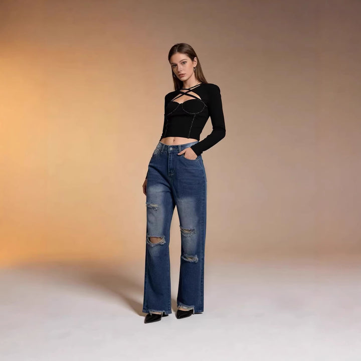 Damen nan hochgeschnittene Relaxed-Jeans mit weitem Bein, Knie-Rips und rohem Saum Drune