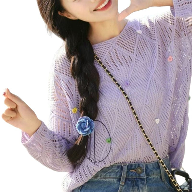 Damen luftige Strickbluse mit Muster und farbigen Applikationen Drune