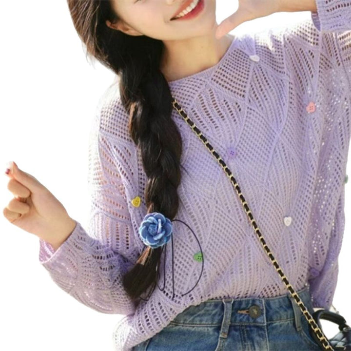 Damen luftige Strickbluse mit Muster und farbigen Applikationen Drune
