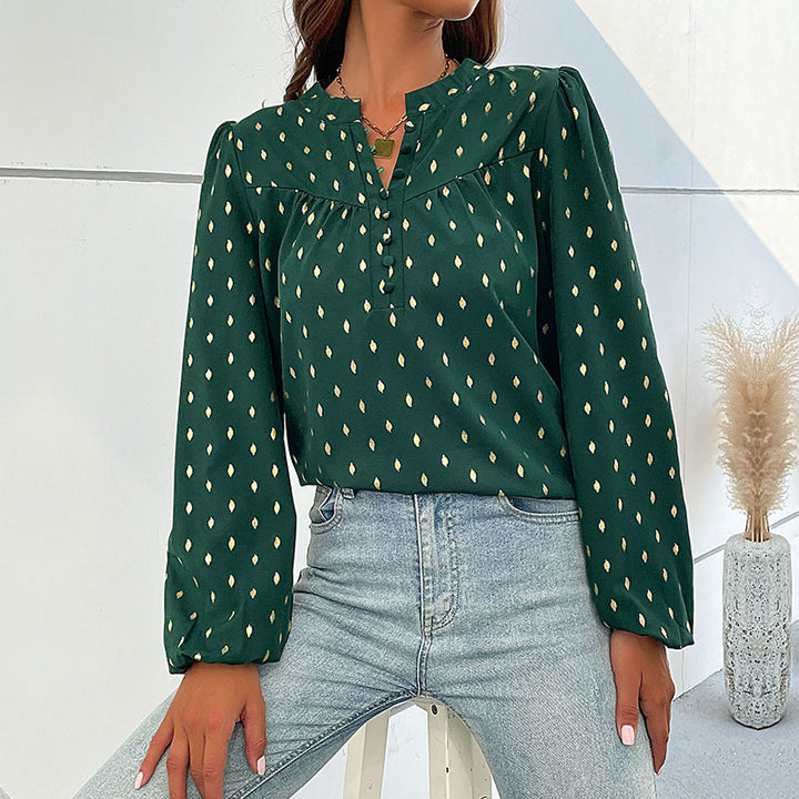 Damen Leichte Viskose-Bluse mit Stehkragen, Knopfleiste und feinem Tropfenprint Drune