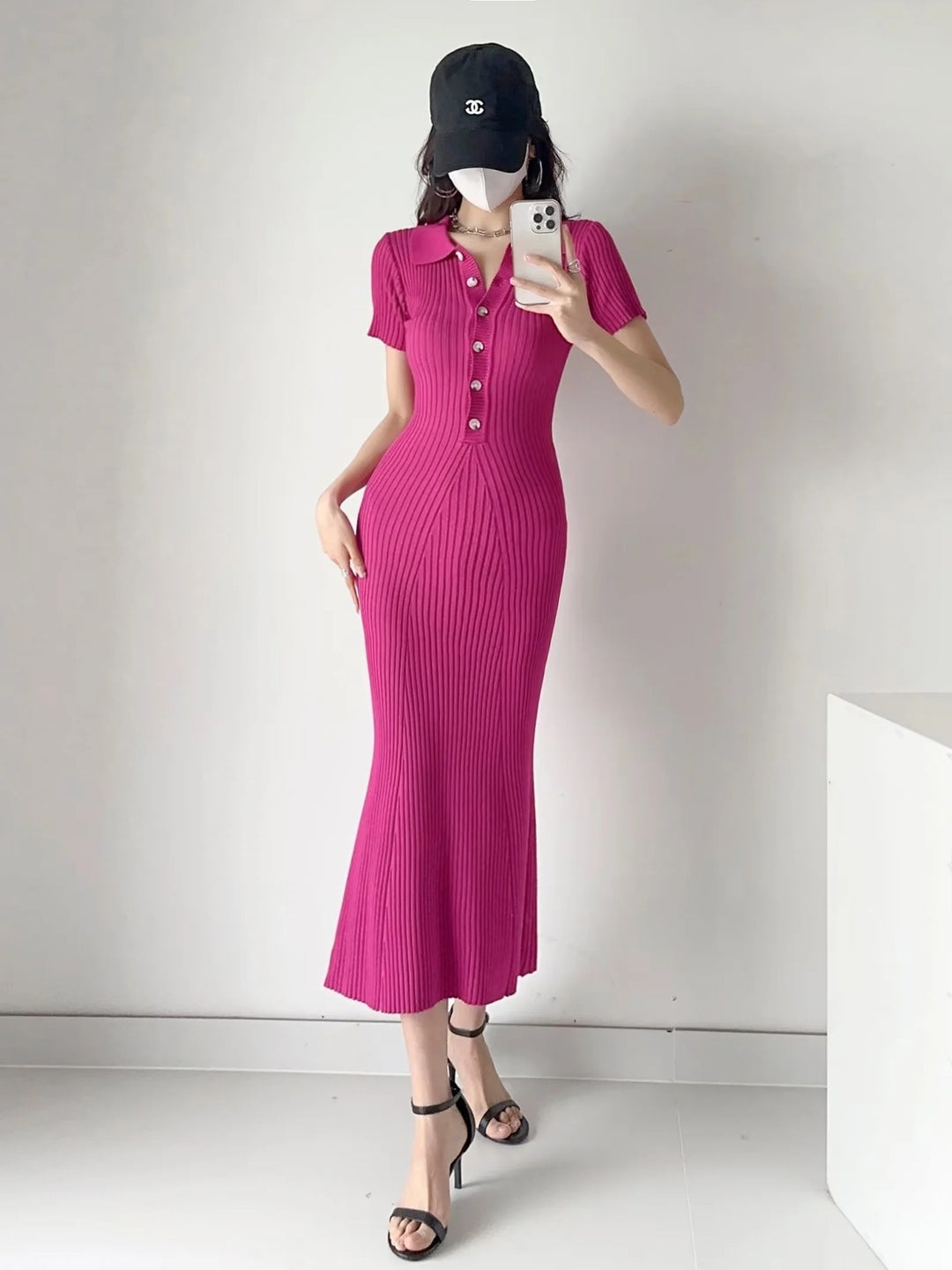Damen figurbetontes Knielanges Strickkleid mit Polokragen und Knopfleiste Drune