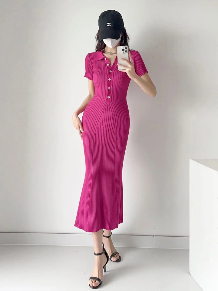 Damen figurbetontes Knielanges Strickkleid mit Polokragen und Knopfleiste Drune