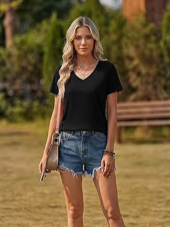 Damen Basic T-Shirt mit rundem Ausschnitt und Kurzarm Drune
