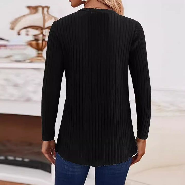 Damen Gerippter Feinstrickpullover mit V-Notch-Ausschnitt und seitlichen Zierknöpfen Drune