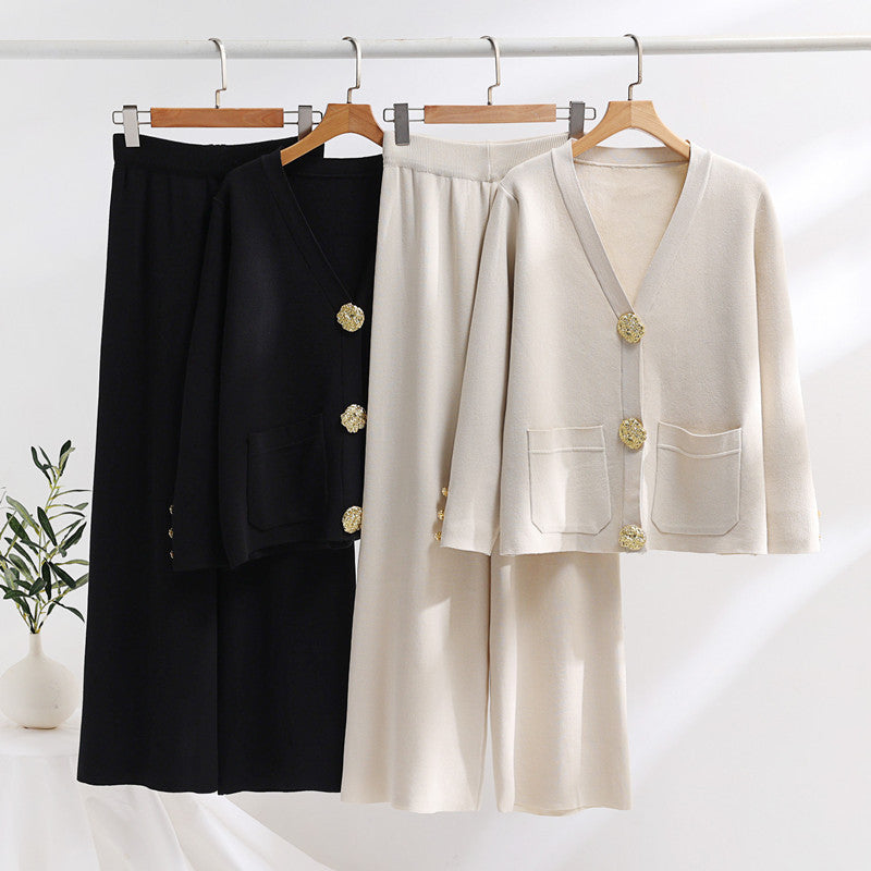 Damen elegantes Strick-Loungewear-Set mit weiten Bein und schönen Knöpfen Drune