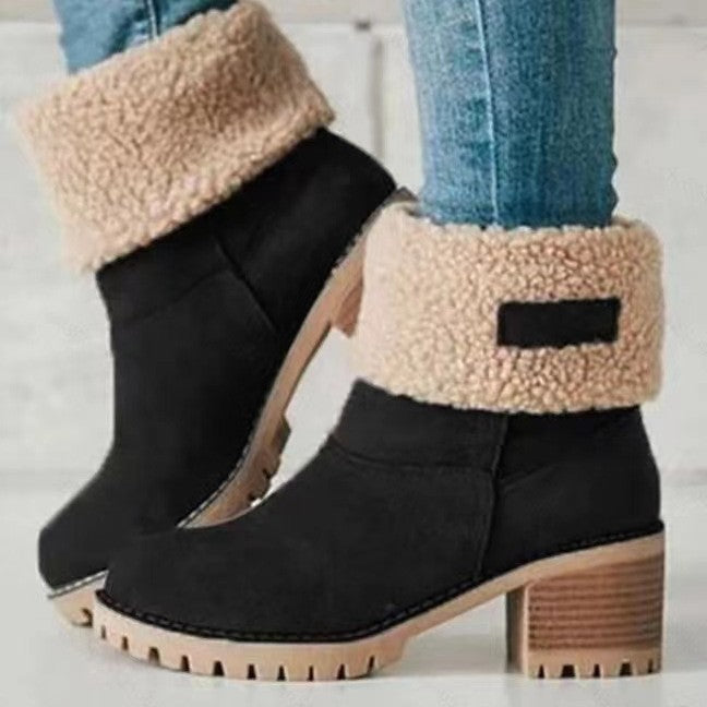 Damen Gefütterte Ankle-Boots mit Lammfell-Umschlag und profiliertem Blockabsatz Drune