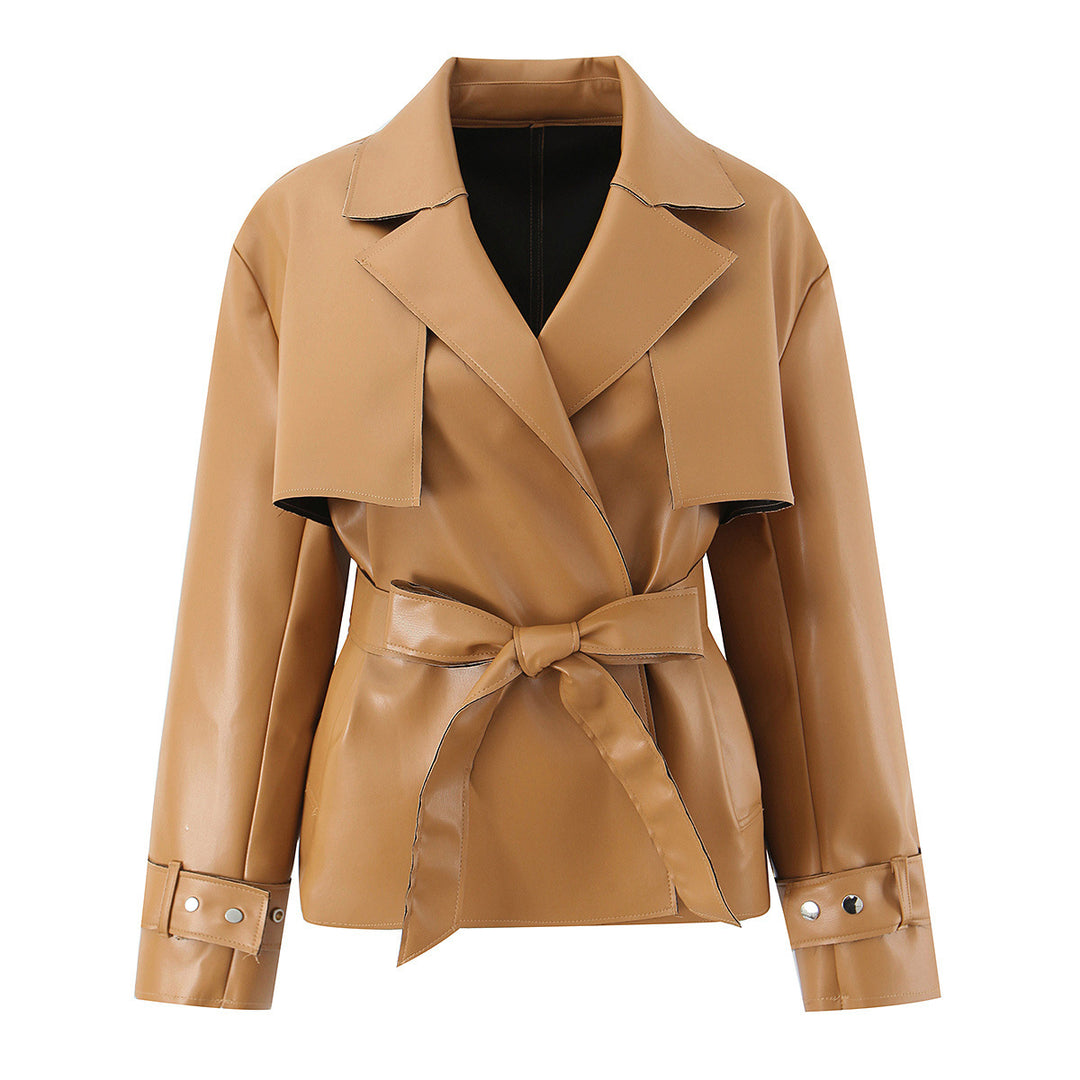 Damen Kurz geschnittener Kunstleder-Trenchcoat mit Taillengürtel Drune