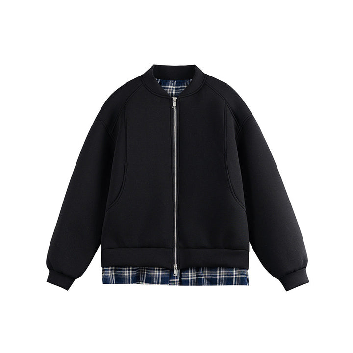 Damen Zwei‑in‑Eins Bomber‑Sweatjacke mit Karo‑Layer‑Einsatz und Stehkragen Drune
