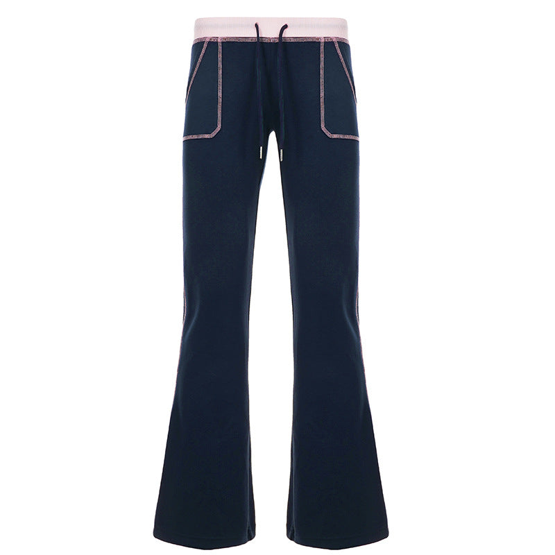 Damen Weite Lounge-Hose mit hohem Elastikbund, Kordelzug und Kontrastpaspel Drune