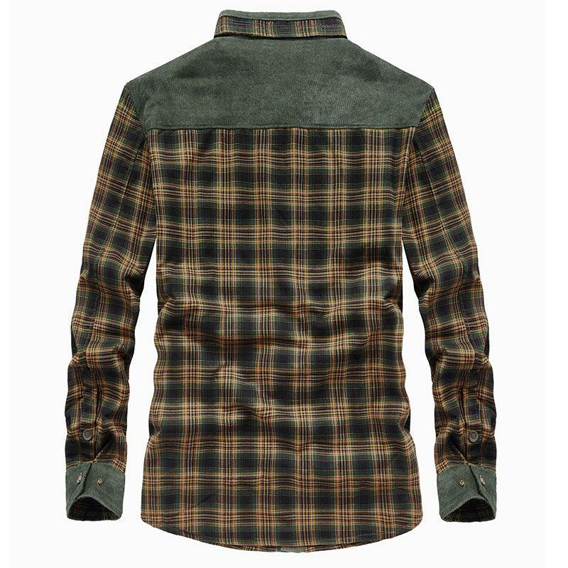 Herren Karo‑Hemdjacke mit Teddyfutter, Cord‑Schulterpasse und Multifunktionstaschen Drune