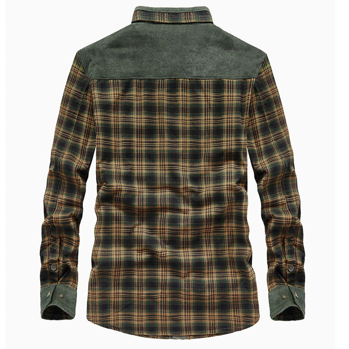 Herren Karo‑Hemdjacke mit Teddyfutter, Cord‑Schulterpasse und Multifunktionstaschen Drune