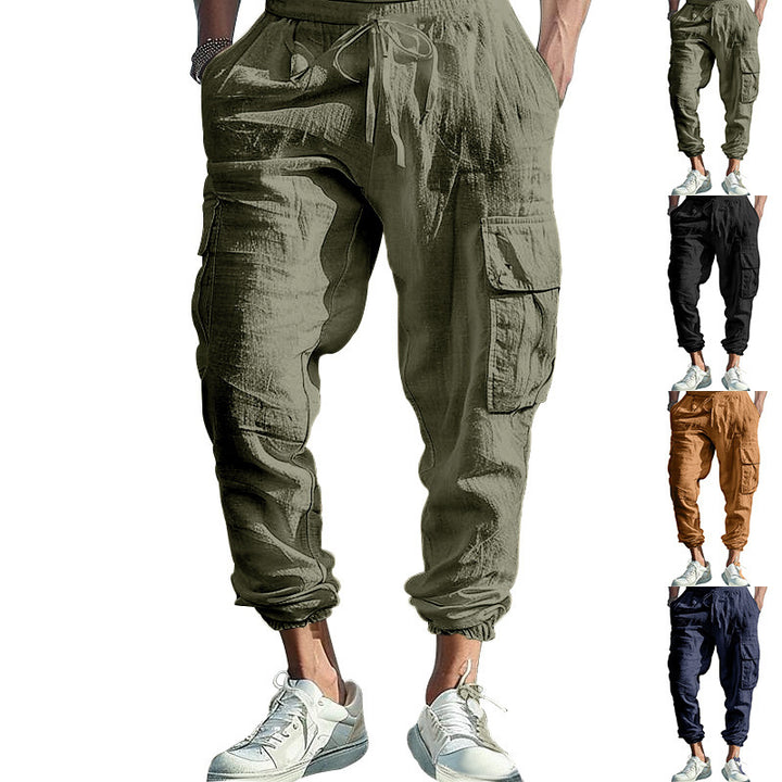 Herren nan lässige Cargohose im Joggerstil mit Crinkle-Leinenoptik Kordelbund und Mehrfachtaschen Drune