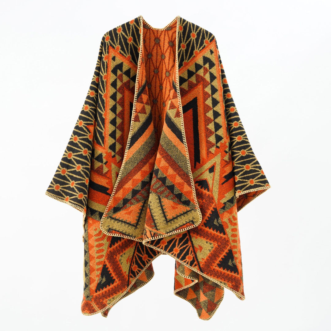 Damen Strukturiertes Jacquard-Poncho-Überwurf mit grafischem Ethno-Muster und offenem Kimono-Fall Drune