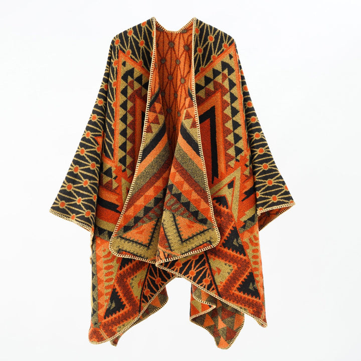 Damen Strukturiertes Jacquard-Poncho-Überwurf mit grafischem Ethno-Muster und offenem Kimono-Fall Drune