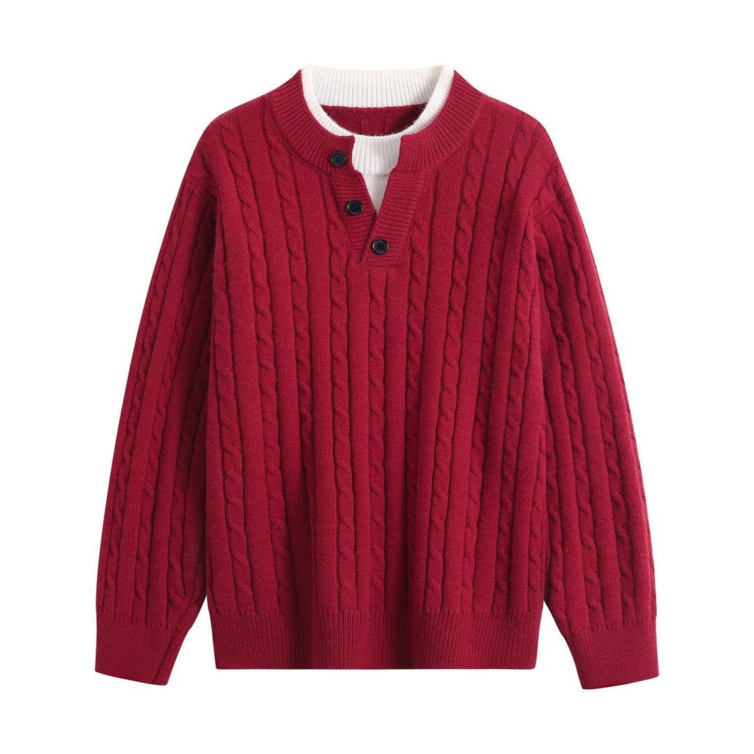 Damen Oversize Zopfstrick-Pullover mit Henley‑Kragen und Kontrastinnenkragen Drune
