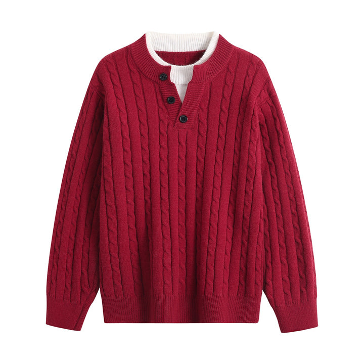 Damen Oversize Zopfstrick-Pullover mit Henley‑Kragen und Kontrastinnenkragen Drune