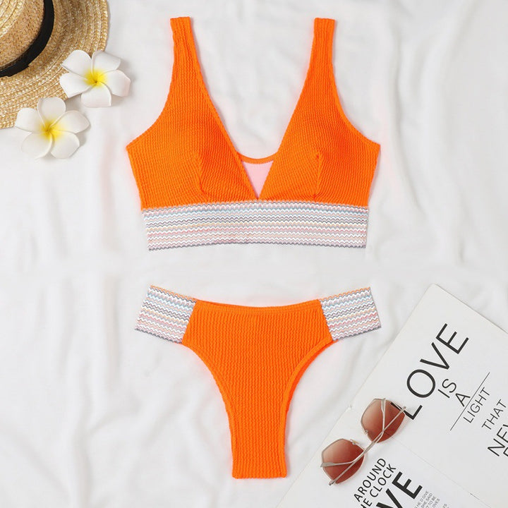 Damen Wellenmuster Bikini-Set mit tiefem V-Ausschnitt Drune