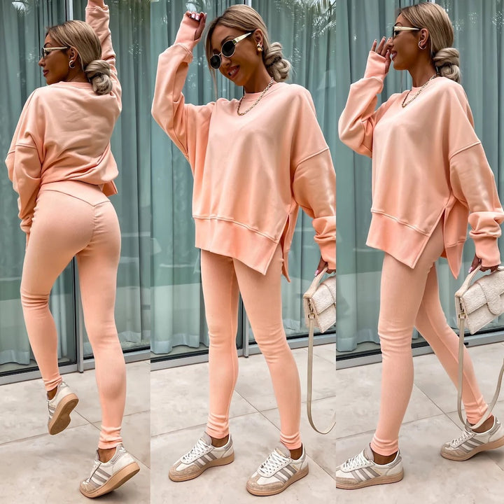 Damen komfortables Oversize-Lounge-Set mit langem Sweatshirt, gerippten High-Waist-Leggings und verlängerten Bündchen Drune