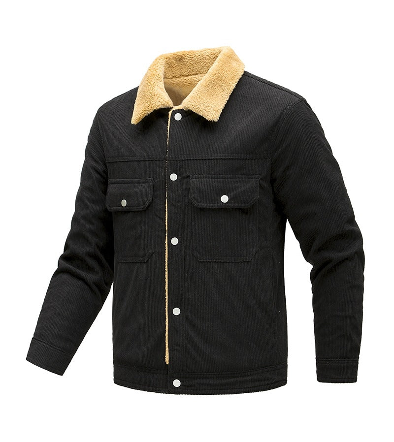 Herren Kordjacke mit Teddyfutter, Kunstfellkragen und Druckknopftaschen Drune