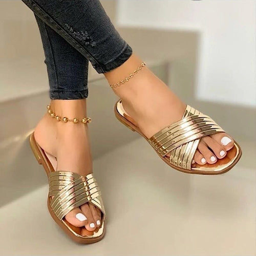 Damen Geflochtene Metallic-Slipper mit überkreuzten Riemen und flacher Komfortsohle Drune