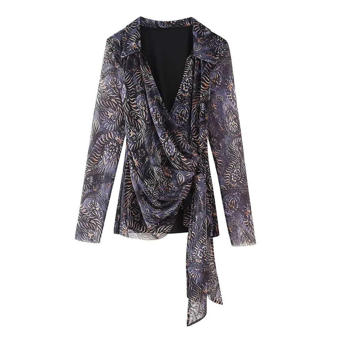 Damen nan drapiertes Wickelchiffon-Blusentop mit Hemdkragen und langen Bindeschleifen Drune